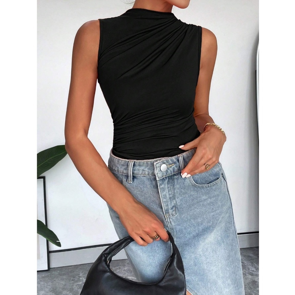 Ruched Black Asymmetrical Sleeveless Bodysuit - Picture 7 of 13